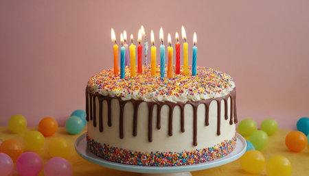 Birthday cake with candles and colorful candies on a pink backgroundの素材