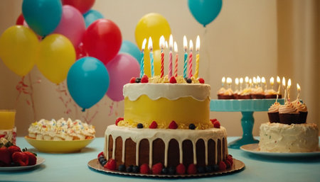 Birthday cake with candles and balloons on blue table, shallow focusの素材