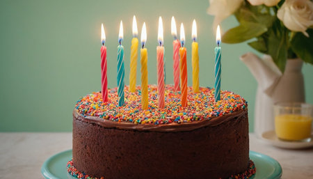 Birthday cake with burning candles on green background. Selective focus.の素材
