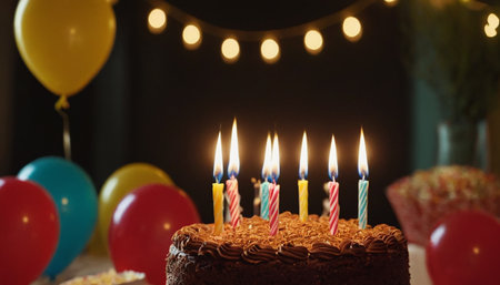 Birthday cake with burning candles and balloons on dark background, closeupの素材