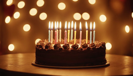 Birthday cake with burning candles on blurred lights background, closeupの素材