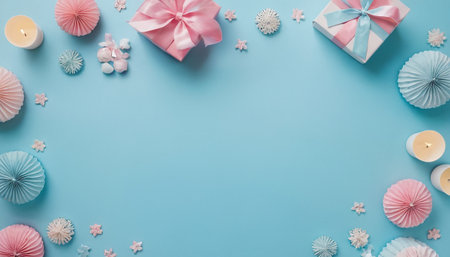 Flat lay composition of pink gift box, candles and marshmallows on blue backgroundの素材