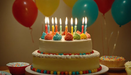 Birthday cake with burning candles and colorful balloons on the background.の素材