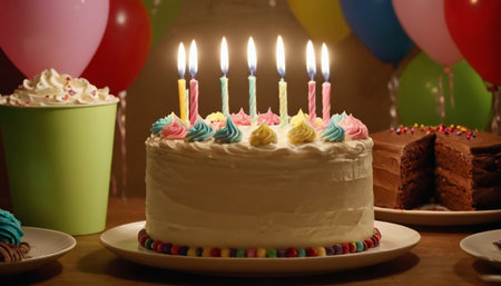 Birthday cake with candles and balloons on wooden table, closeupの素材