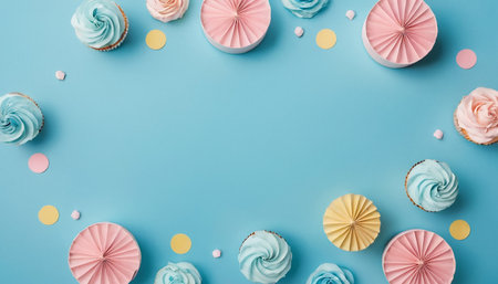 Flat lay composition with cupcakeshmallows and candles on blue backgroundの素材