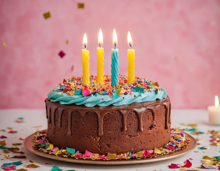 Birthday chocolate cake with candles and confetti on a pink backgroundの素材