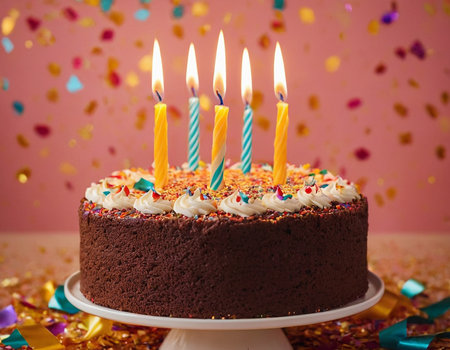 Birthday cake with candles and confetti on pink background, closeupの素材