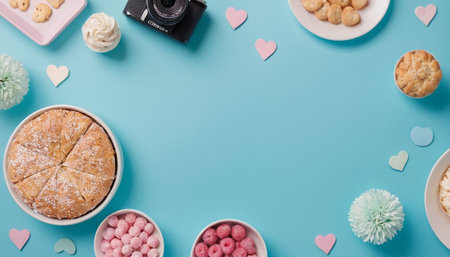 Flat lay composition with cupcakeshmallows, camera and hearts on blue backgroundの素材