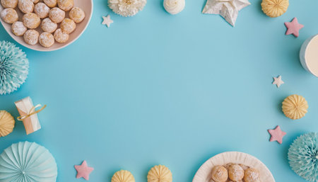 Flat lay composition with cupcakes on blue background with copy spaceの素材