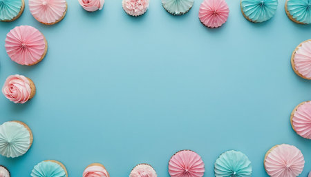 Flat lay of colorful cupcakes on blue background with copy spaceの素材