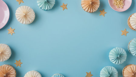 Flat lay composition with meringues on blue background with copy spaceの素材