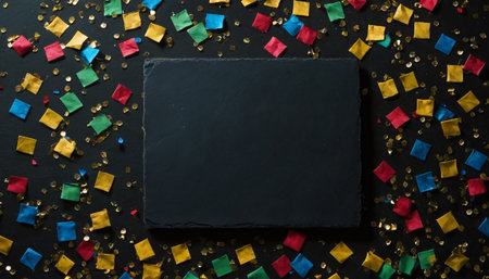 Blank blackboard with colorful confetti on black background, top viewの素材