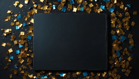 Top view of black slate board with golden confetti on black backgroundの素材