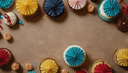 Top view of colorful cupcakes on brown paper background with copy spaceの素材