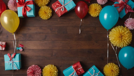 Gift boxes and balloons on a wooden background with space for textの素材