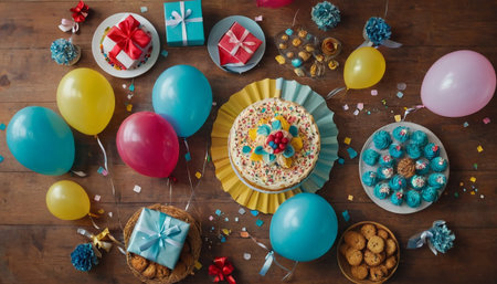 Top view of birthday cake with colorful balloons and gift boxes on wooden tableの素材