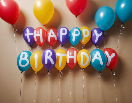 Happy Birthday card with colorful balloons on beige background, closeupの素材