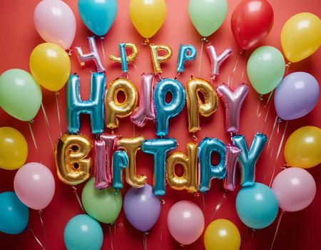 Happy Birthday Balloons Background. Colorful balloons on red background.の素材