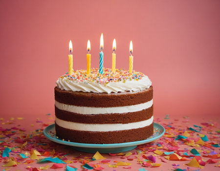 Birthday cake with candles on pink background. Selective focus.の素材