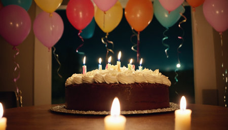 Birthday cake with candles and balloons on table at night, closeupの素材