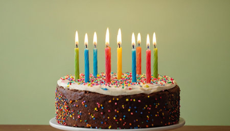 Birthday cake with candles on wooden table and green wall background.の素材