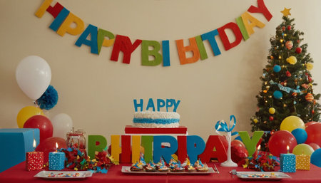 Birthday cake with candles and balloons in front of a Christmas treeの素材
