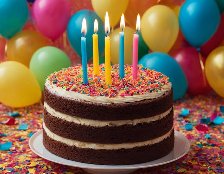 Birthday cake with candles and balloons on confetti background, closeupの素材