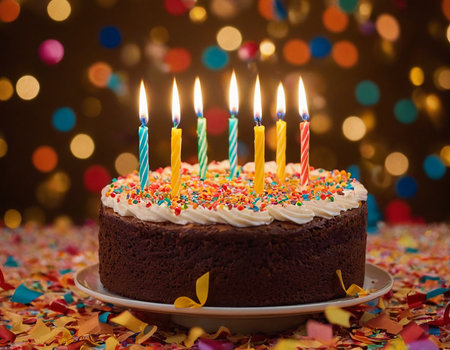 Birthday cake with burning candles on bokeh background, closeupの素材