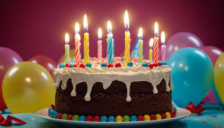 Birthday cake with candles, balloons and confetti on blue backgroundの素材