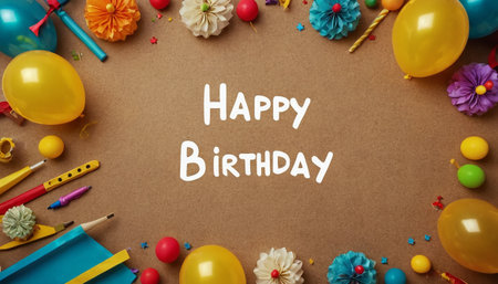 Happy Birthday greeting card with decoration on brown background. Flat lay, top view.の素材