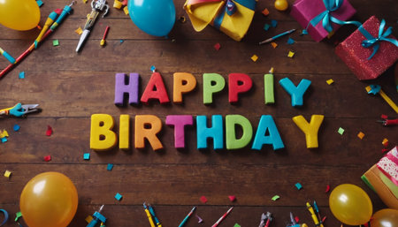 Happy birthday colorful text on wooden background with gift box and confettiの素材