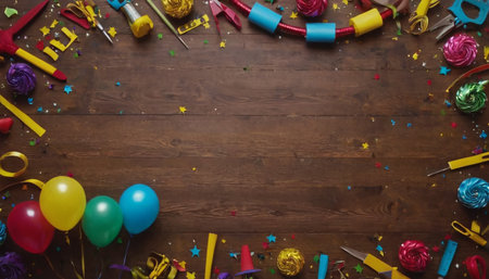 Top view of birthday party items on wooden background with space for textの素材