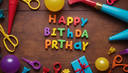 Happy birthday colorful word on wooden background with copy space. Top viewの素材