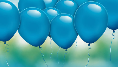 Blue balloons with ribbons on bokeh background, 3d renderの素材