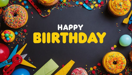 Happy Birthday greeting card with confetti and cupcakes on black backgroundの素材