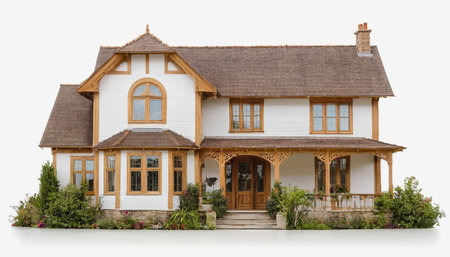 House with wooden roof isolated on white background. 3d illustration.の素材