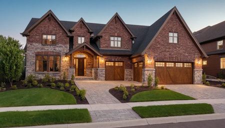 Large luxury house with outdoor patio and walkway in sunset light.の素材