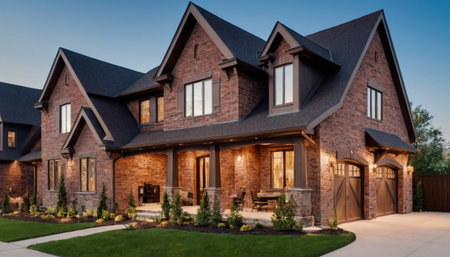Large modern luxury house with garage and driveway in the evening light.の素材