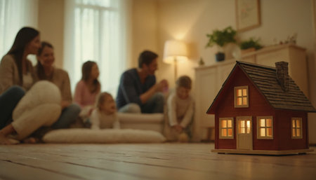 Close up of toy house on wooden floor in living room at homeの素材