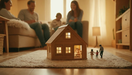 Little girl with toy house and her family on background at home.の素材