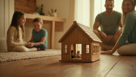 Beautiful young family sitting on the floor in the living room at homeの素材