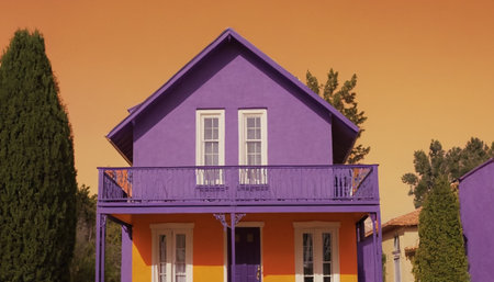 Colorful house on the background of the setting sun. Toned.の素材