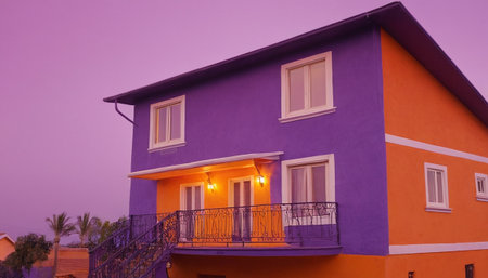Colorful house with balcony at sunset. Tenerife, Canary Islands, Spainの素材