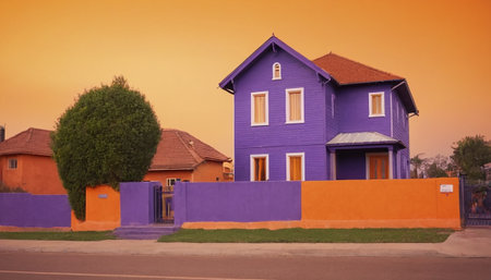 Colorful house in the park at sunset. Colorful house.の素材