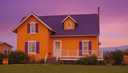 Colorful house with purple roof in the garden at sunset time.の素材