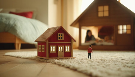Miniature people: family, children and real estate concept - close up of toy houseの素材