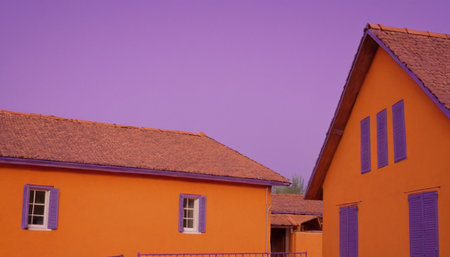 Orange house in the middle of the field with blue sky background.の素材
