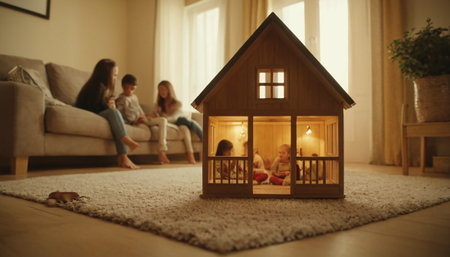 Little girl and her mother playing with a toy house in the living roomの素材