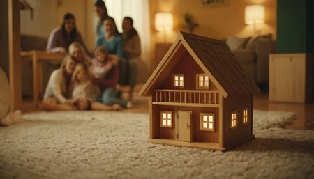 Closeup of wooden toy house on carpet in living room at nightの素材