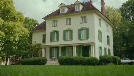 Luxury house in the garden with green walls and large windowsの素材